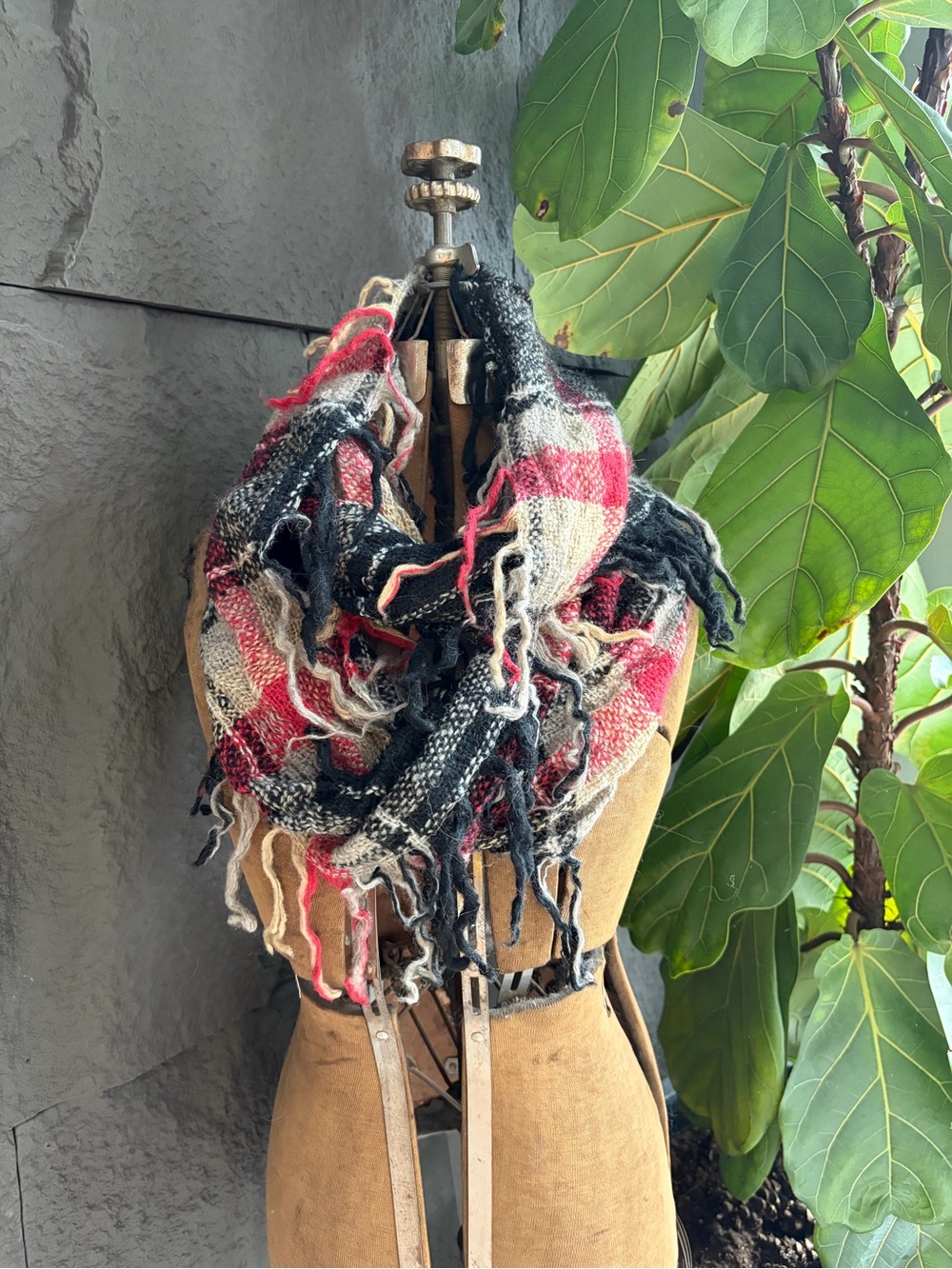 Cozy Black, Red & Cream Plaid Fringe Infinity Scarf - Unbranded